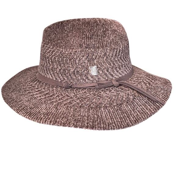 ANNE KLEIN BROWN CHENILLE KNIT FEDORA HAT, SUEDE CORD BAND, GOLD LOGO, OS, NWT - Picture 1 of 5